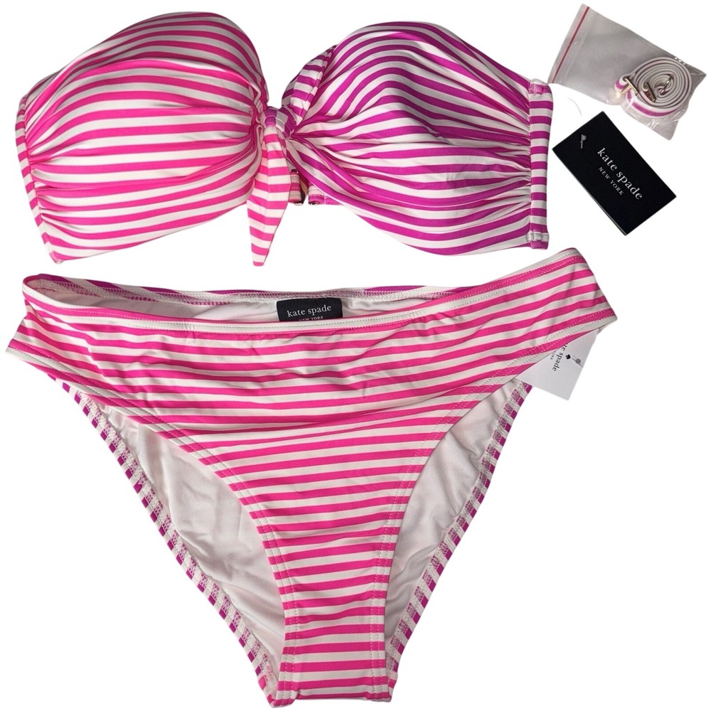 Kate Spade Radiant Pink Striped‎ Bandeau Bikini Set Size Large New With Tags